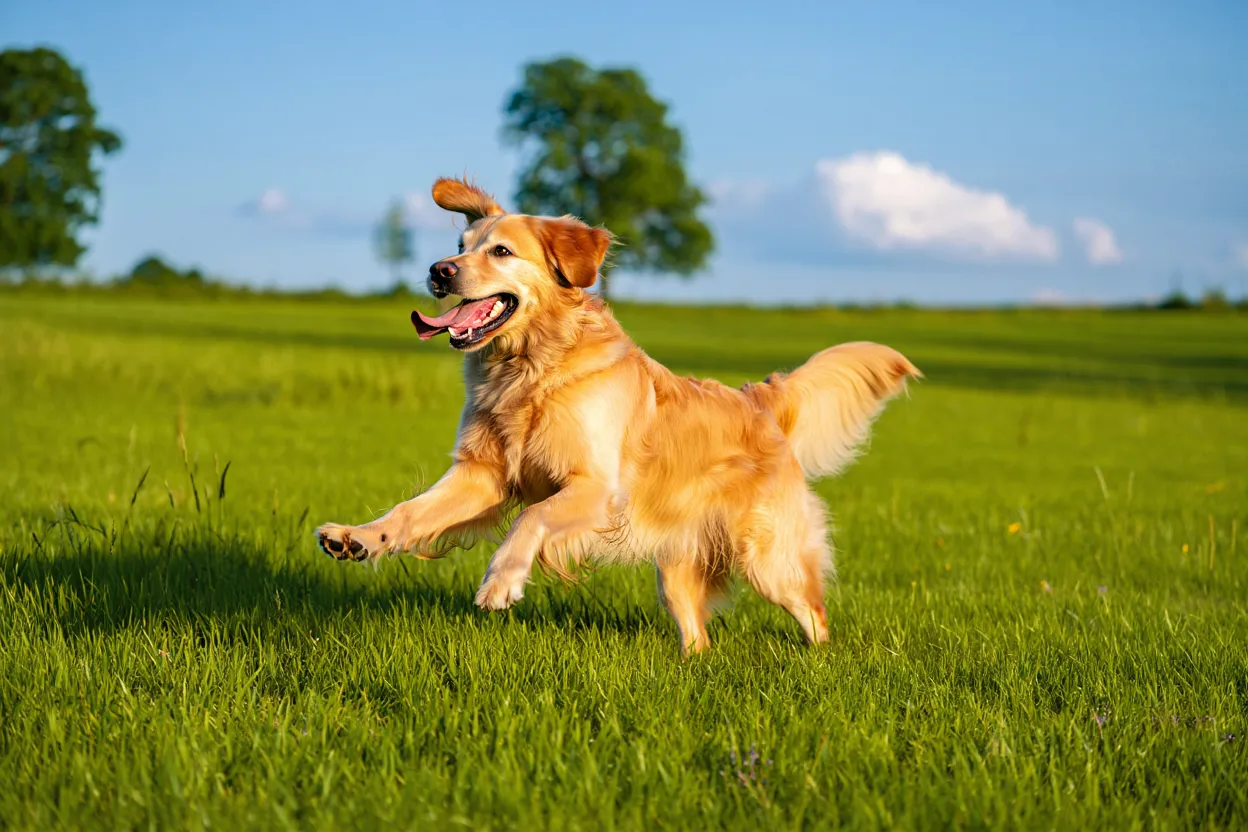 En glad hund som leker i gräset